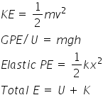 K E thin space equals space 1 half m v squared
G P E divided by U space equals space m g h
E l a s t i c space P E space equals space 1 half k x squared
T o t a l space E space equals space U thin space plus space K